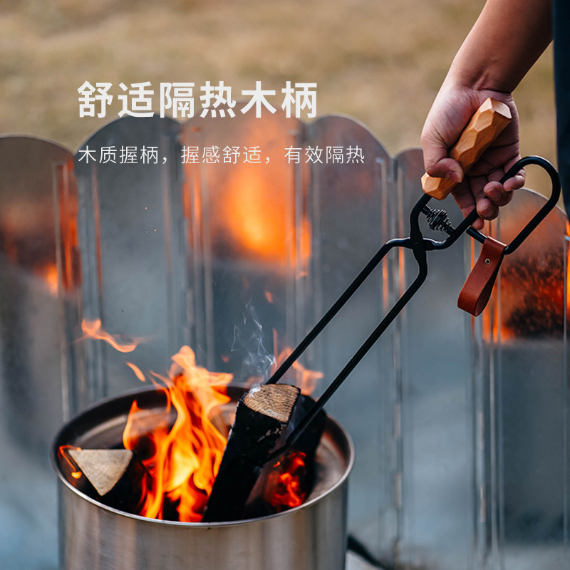 户外露营烧烤铁质焚火钳实木手柄木炭柴火夹子R焚火钳子碳夹加长