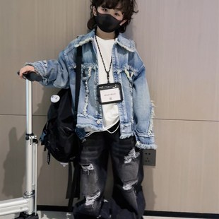 春秋男女大童复古水洗做旧毛边牛仔休闲外套潮酷炸街短款 夹克上衣