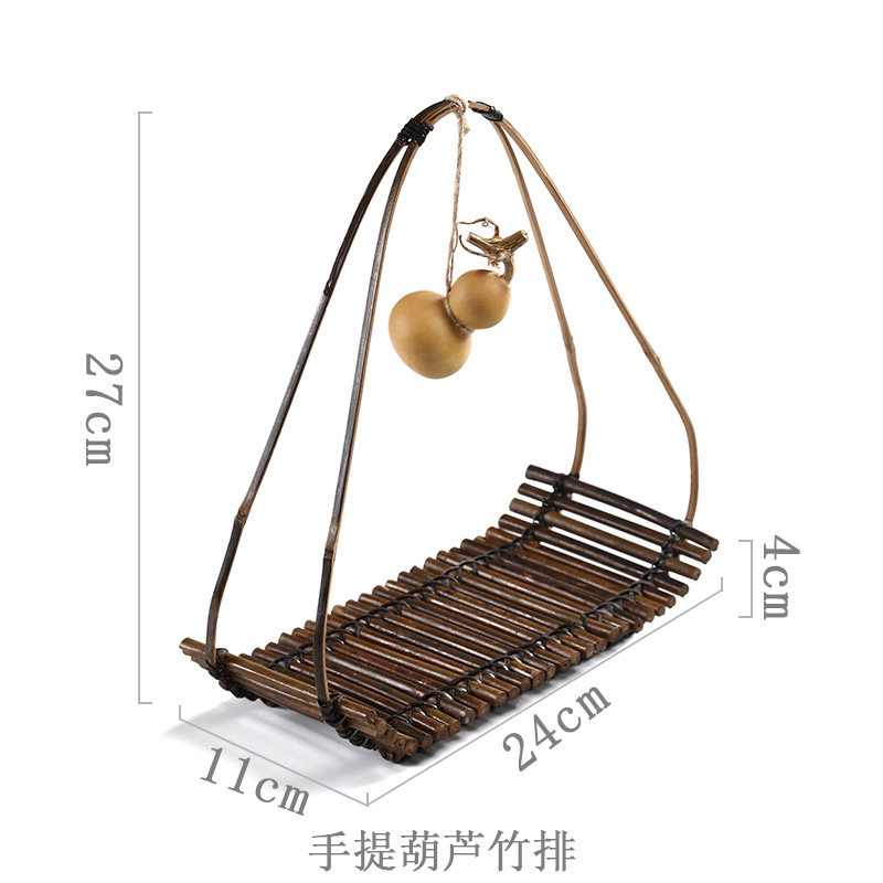 竹工艺品摆件创意小竹排葫芦装饰垫复古手工竹编香炉底座托盘禅意