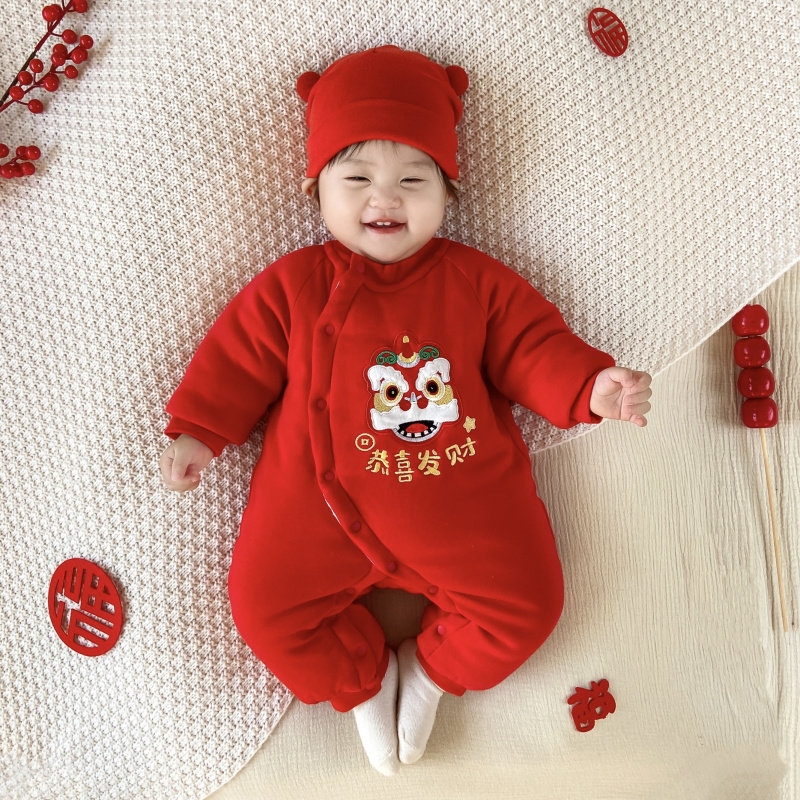 婴儿新年服宝宝纯棉加厚拜年服新生儿连体衣棉衣大红色冬季保暖衣