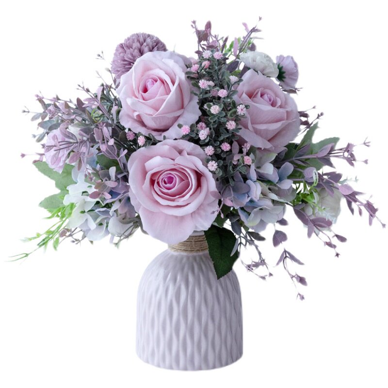 速发仿真绢花艺客厅装饰摆件花束餐桌粉色少女心皇室玫瑰陶瓷花瓶
