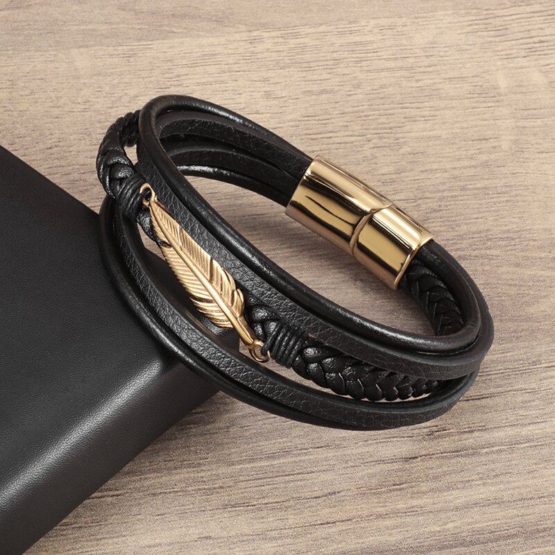 现货classic multi-layered leyather feather metal buckle brac