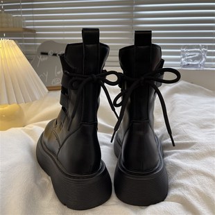 油桃Yoto针织弹力马丁靴女2022新款百搭系带松糕英伦风厚底机车靴