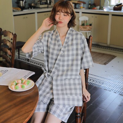 新款汗蒸服女开衫小清新居家风大H码情侣睡衣家居服按摩服男