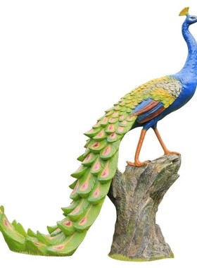 户外公园装饰品仿真木桩孔雀开屏雕塑动物落地玻璃钢创意大号摆件