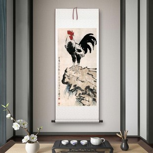 徐悲鸿《雄鸡图》客厅书房茶室装饰画挂画玄关水墨高清卷轴字画