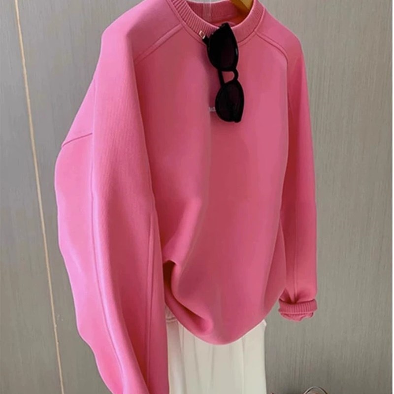 热销慵懒风宽松上衣小个子粉色加绒加厚圆领卫衣女2024春秋季新款