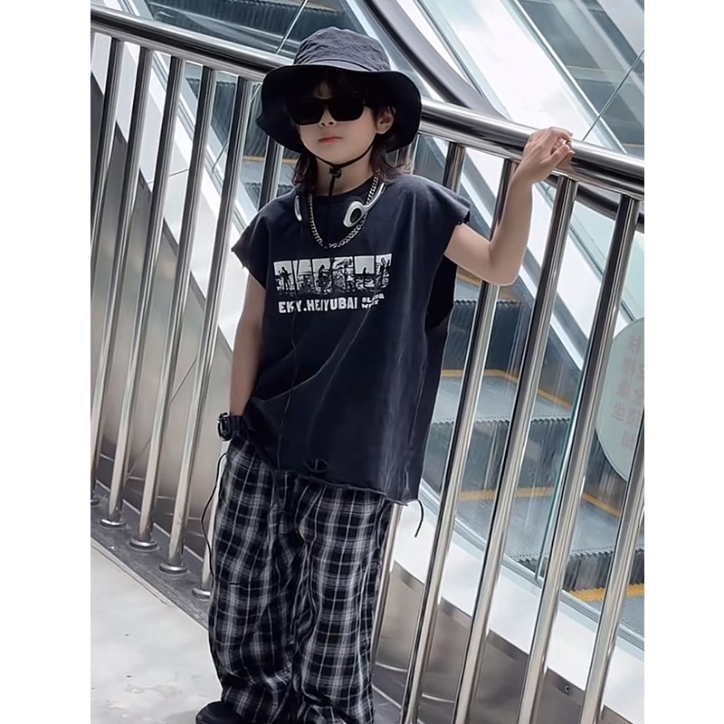 夏男女童街舞复古水洗破洞纯棉宽松背心潮酷外穿无袖运动上衣坎肩