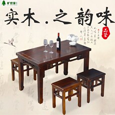 стол со стульями 实木餐桌椅组合面馆早餐农家乐碳化仿古雕花饭店酒店快餐长条桌