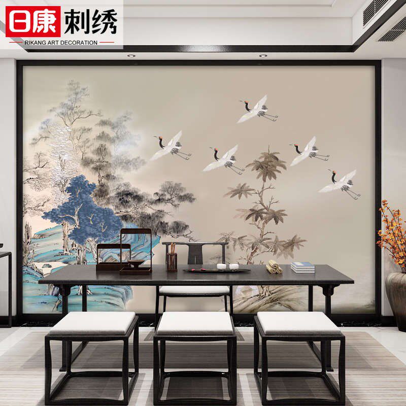 定制中式印加绣刺绣独秀仙鹤书房墙布客厅餐厅沙发电视背景壁布