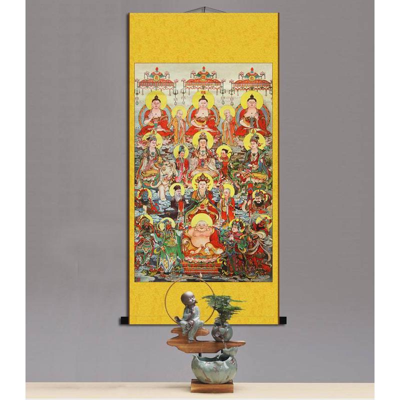全佛万佛图挂画 满堂佛画像卷轴画客厅装饰画 丝绸材质已装裱