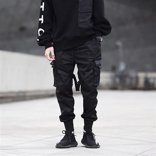 速发Ribbons Black Samurai Trousers Mens Streetwear nd Functi