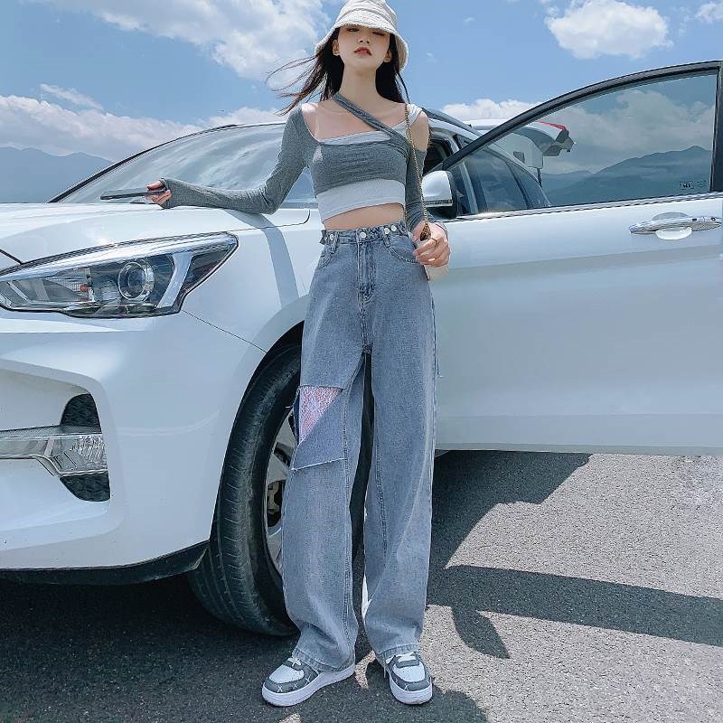 前后破洞牛仔裤女夏天薄款高腰2022新款宽松阔腿直筒小个子拖地裤