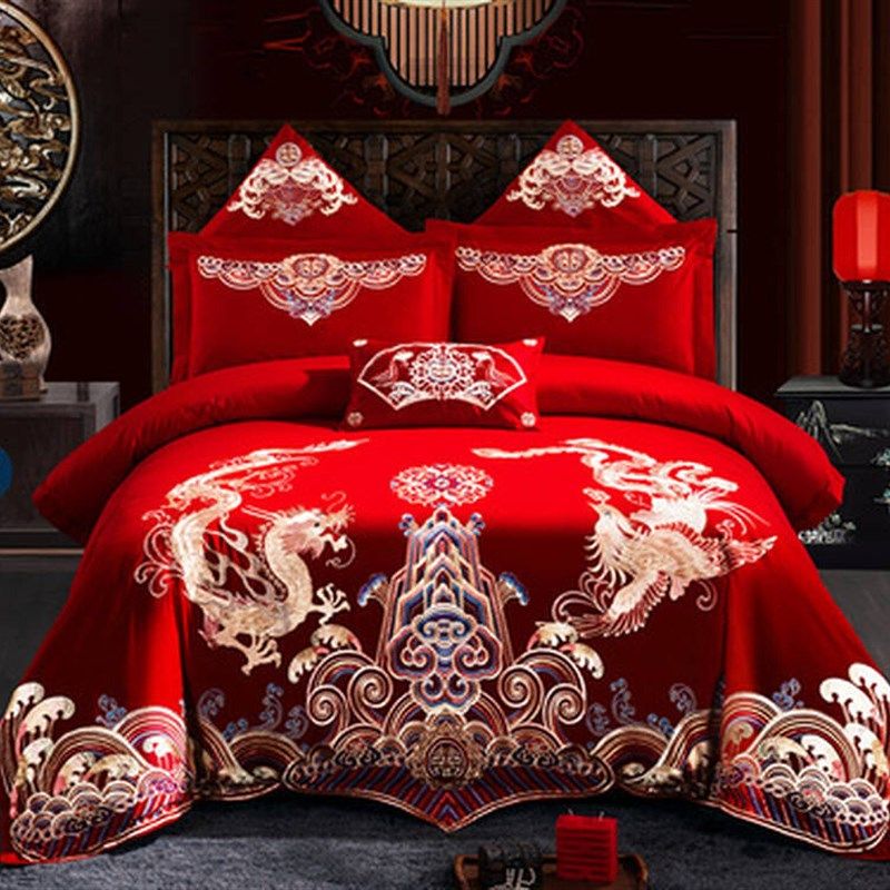 红色结婚床套结婚V四件套新婚床上用品婚庆四件套中式结婚床单被