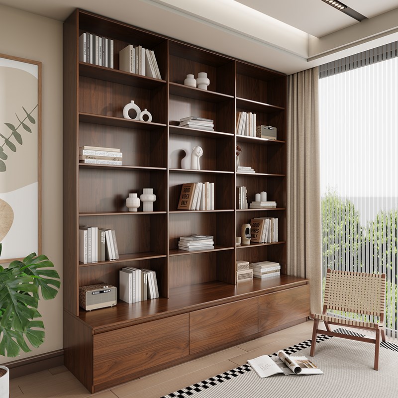 橡木定制书房满墙卡座一体书柜书架客厅到顶全实S木摆件整墙展示
