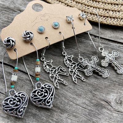 推荐Retro hollow carving Leaf moon earrings women Set 6 pair