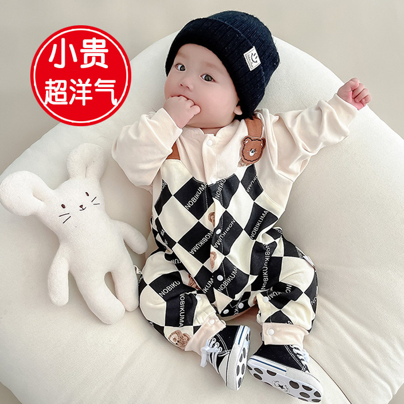婴儿连体衣春秋新生儿超萌哈衣男宝宝帅气爬服秋装外出服套装