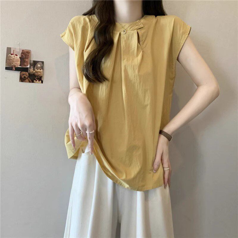 韩版时尚小飞袖短袖衬衫女夏季大码胖mm梨型身材遮肚娃娃衫上衣