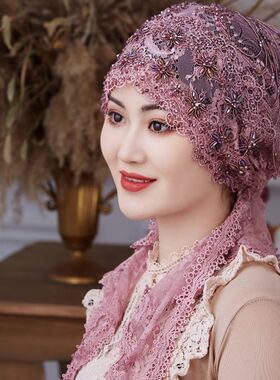 盖头女回时尚方便套头头巾女包头帽子遮发蕾丝绑巾披肩帽子一体式