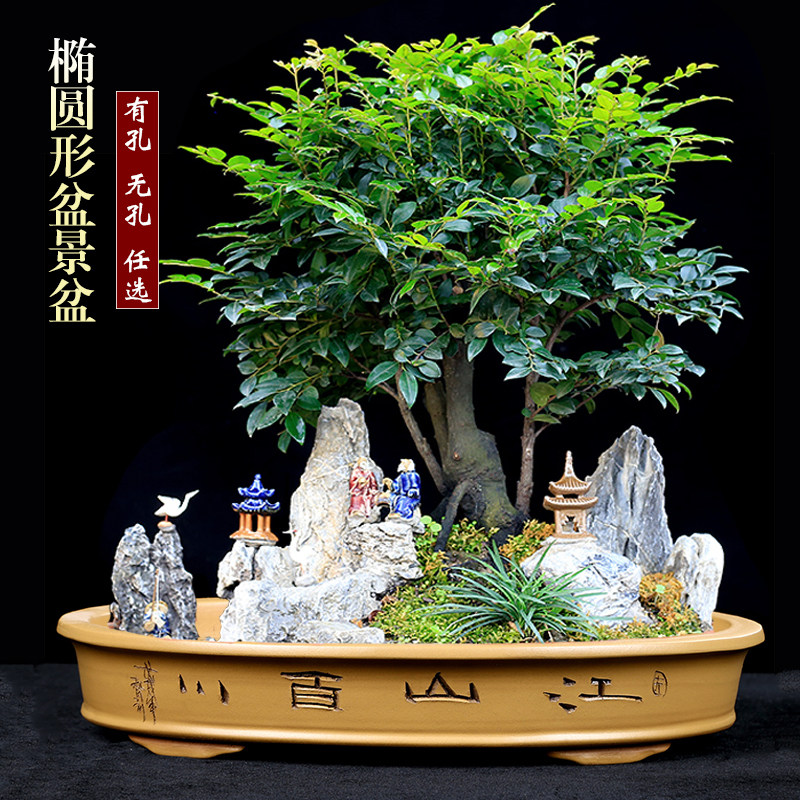 宜兴简约紫砂浅盆无孔水盘假v山吸水石盆景盆特大号陶瓷老桩有孔