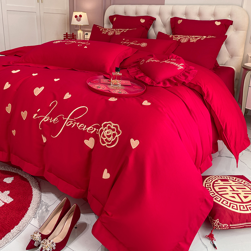 中式结婚床上四件套大红色床单被罩新婚婚庆陪嫁喜被褥全套一整套