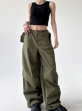 美式辣妹军绿色工装裤女2024年夏F季抽绳阔腿裤宽松运动裤休闲裤