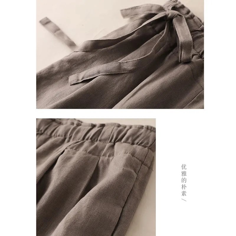 纯棉九分阔腿裤女夏季棉麻薄款高腰侧边系K带复古文艺松紧休闲裤