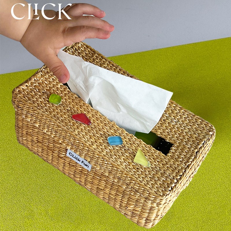 click夏日黄草手工编织抽纸盒纸巾糖果珠子桌面收纳盒ins可爱趣味