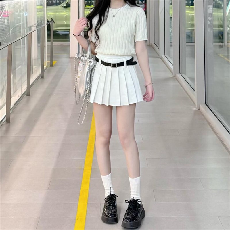 现货白色高腰百褶半身裙女大码胖mm秋季学院风显瘦a字裙裤性感短