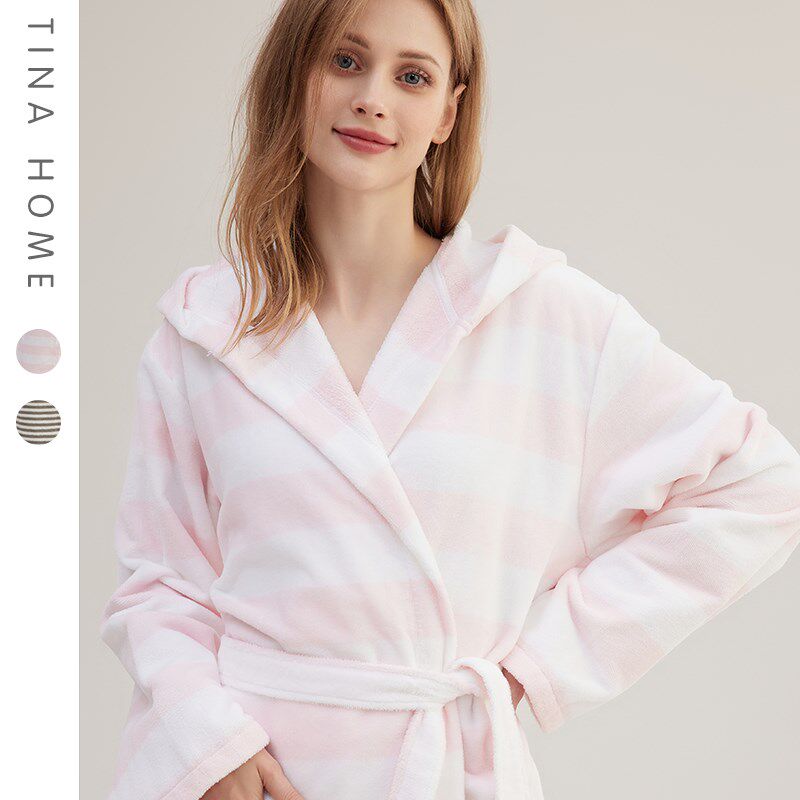 割绒温柔清新浅粉色条纹连帽浴袍薄款吸水宽松四季薄款亲子睡袍