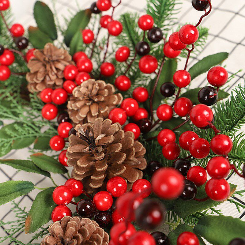 1pc Christmas Rattan Wreath Pine Natural Branches Berries&Pi