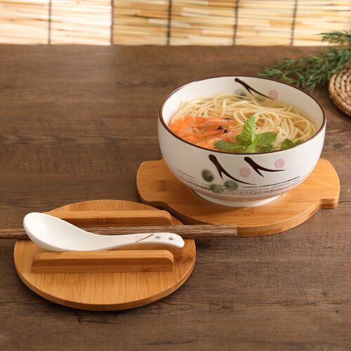 Japanese Style Rice Noodle Bowl with Lid Spoon and Chopstick