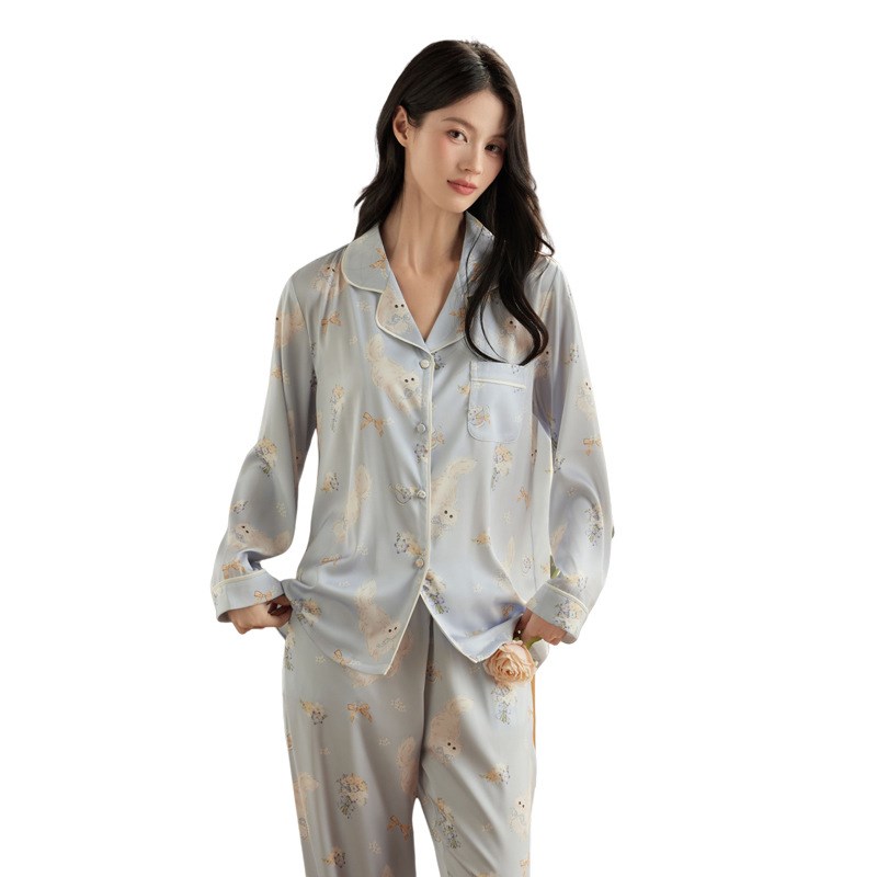 高品质睡a衣女春秋新款家居服套装甜美小猫印花冰丝睡衣长袖两件