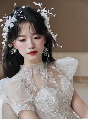 新娘头饰韩式仙美娟纱头花甜美羽毛发夹超仙高级感婚纱礼服配饰品