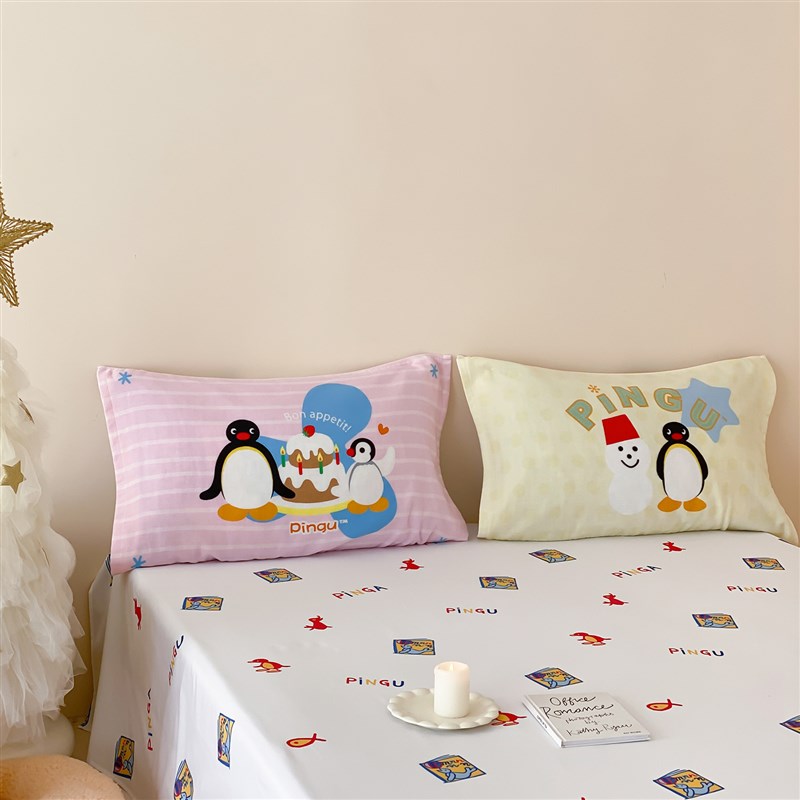 富山商店 x Pingu  粉色条纹pingu&pinga生日全棉枕巾毛