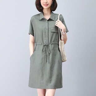 棉麻连衣裙女夏季薄款2024新款中长款气质收腰中年妈妈亚麻裙子潮