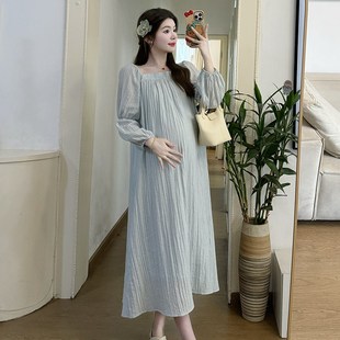 时尚 孕妇装 不透雪纺裙子韩版 宽松法式 2024春款 气质纯色简约连衣裙
