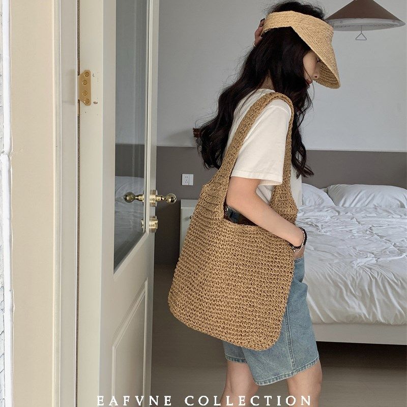 慵懒风单肩大容量斜挎草包女夏帆布袋海边度假沙滩编织包包草编包