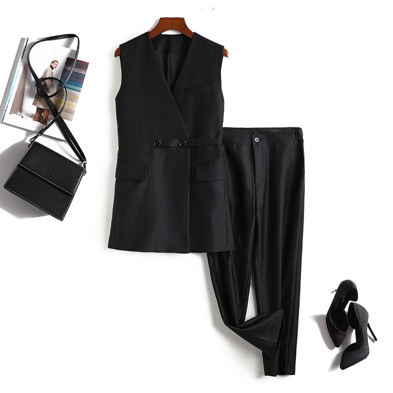 の高阶职场!知性飒美!高级感V领B中长西装马夹+哈伦裤两件式套装