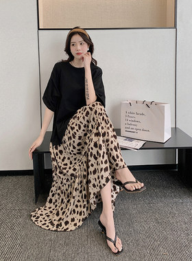 法式哺乳期夏装时尚辣妈款外出喂奶衣大码宽松韩版拼W接豹纹连衣