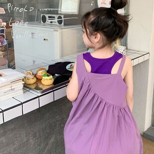 童裙2023夏款女童韩版吊带连衣裙儿童紫色背心X吊带两件套裙
