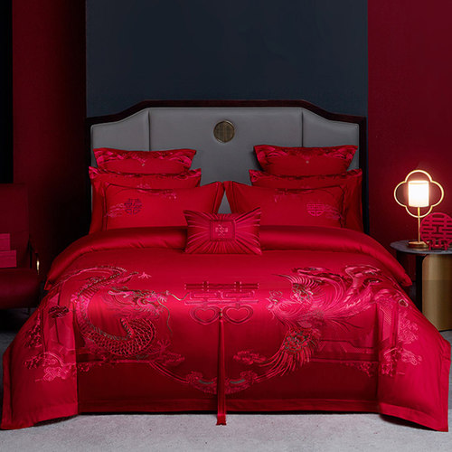 高档奢华龙凤刺绣酒红色四件套全棉被套纯棉床单结婚庆六件套床品