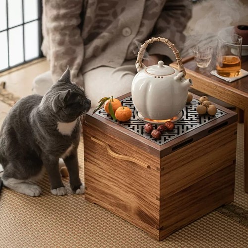 胡桃木围炉茶桌新中式网红炭炉榻榻米小茶台家用庭院小方桌烤火桌