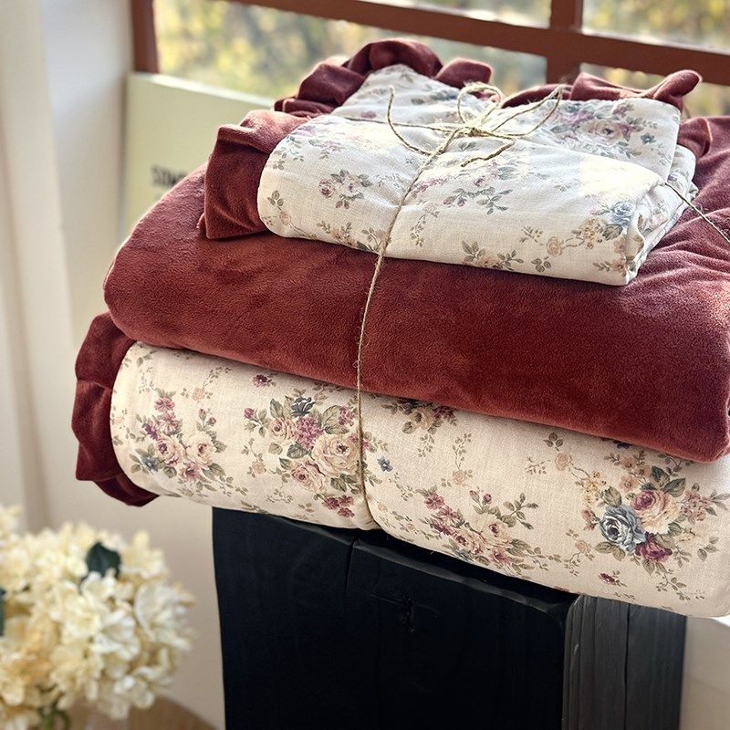 法式花边全棉双层纱布豆豆绒被套一面绒一面棉高级感酒红碎花被罩,床上用品,被套,淘宝优惠券,粉丝福利购,淘宝优惠卷