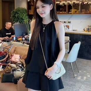 气质穿搭挂脖无袖 女夏季 一整套小个S子露肩短裤 两件 上衣休闲套装