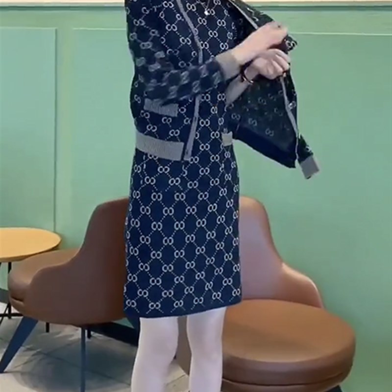 文艺范气质淑女印花针织棉短袖圆领连衣裙开衫外套两件套装韩版潮