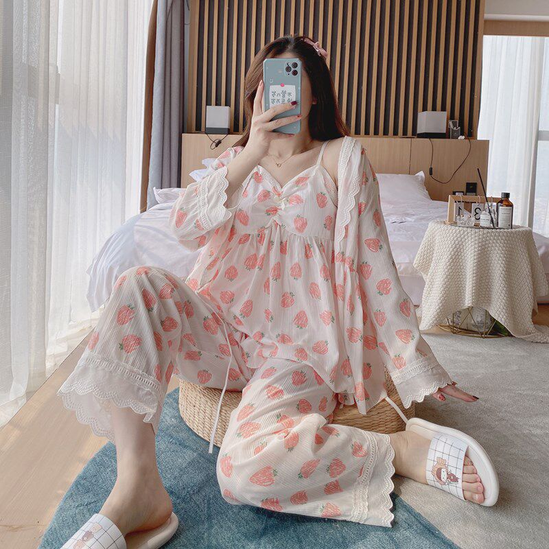 公主风睡衣女三件套春秋长袖小碎花套装布料家居服带胸垫