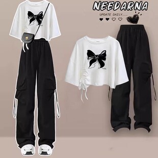 夏季大童套装女学生韩版宽松抽绳短款t恤工装阔腿裤学院风两件套