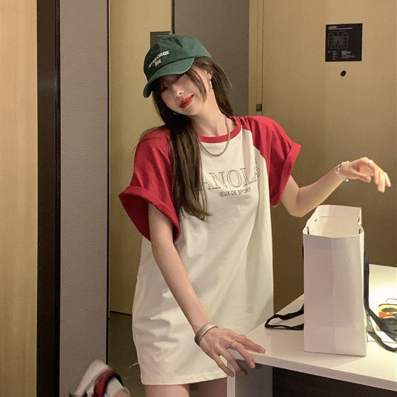 潮牌美式时尚撞色字母印花短袖T恤女夏季宽松韩版中长款洋气上衣