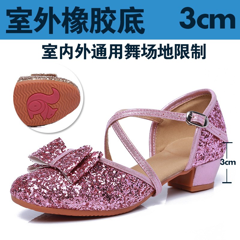女童拉丁舞鞋儿童低跟跳u舞亮片高跟公主单鞋厂家直供舞蹈软底